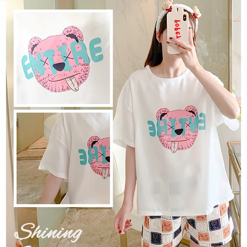 

CAIYIER Summer Silk Pajamas for Women Set Cute Bear Print Casual Sleepwear Ladies Leisure Girls Short Sleeve Shorts Night Suit