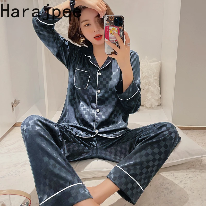 

Harajpee Women Pajamas Ice Silk Long Sleeve Suit Spring Autumn Plaid Printing French Elegant Temperament 2 Piece Set Home Wear
