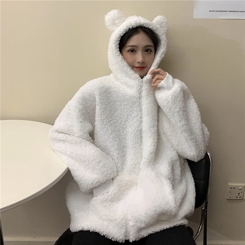 

Official Picture Cute Ears Hooded Lamb Wool Coat for Women Winter Rac