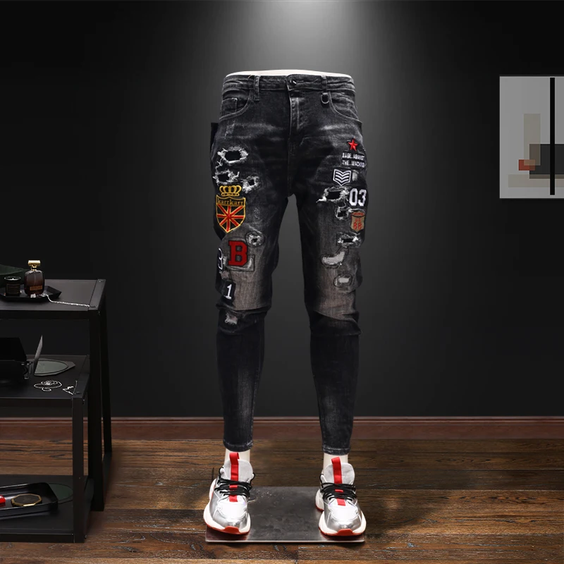 Для мужчин новый тренд рваные вышивка Повседневное Slim Fit джинсовые штаны|Мужские