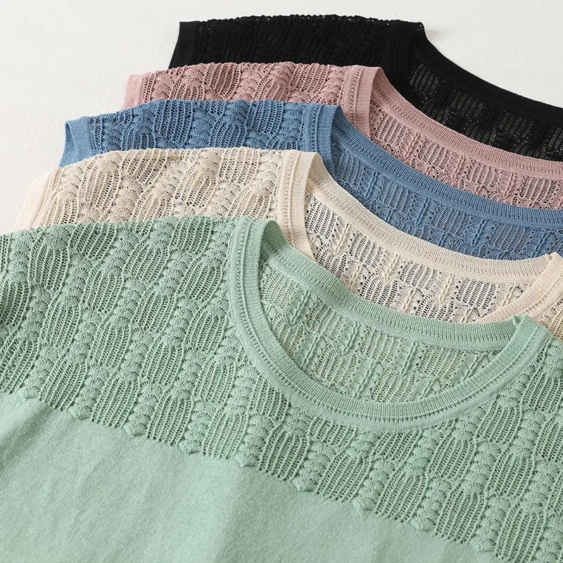 

Hollow-out sweater T-shirt female thin small unlined upper garment of new fund of 2021 summer ice silk short sleeve shirt