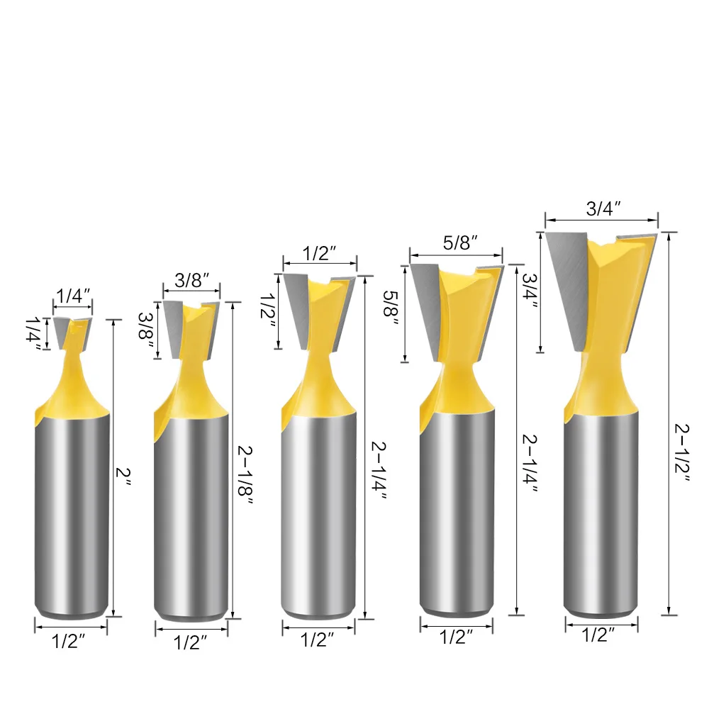 

5 Pieces 1/2-Inch 12.7mm Shank Dovetai Router Bits Set Woodworking Tenon Joint Milling Cutters Kit