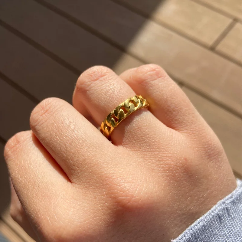 

Vintage Gold Color Plating Chain Shape Ring Wide Stainless Steel Unisex Gothic Chunky Midi Ring Antique Jewelry Accessory