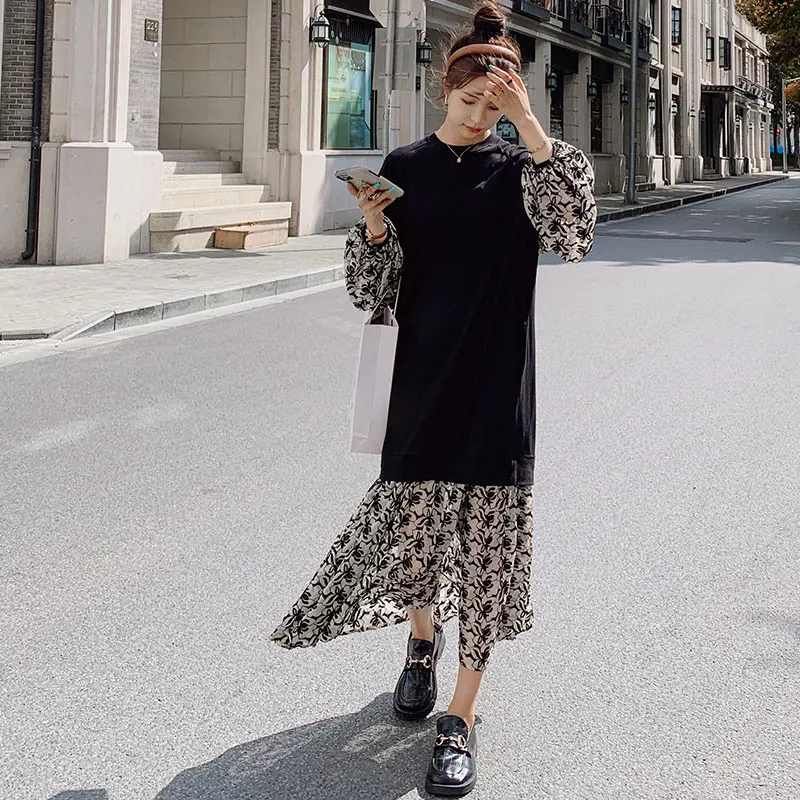 

Женское свободное платье с цветочным принтом, повседневное длинное платье с круглым вырезом, винтажное платье-пуловер в японском стиле с дл...