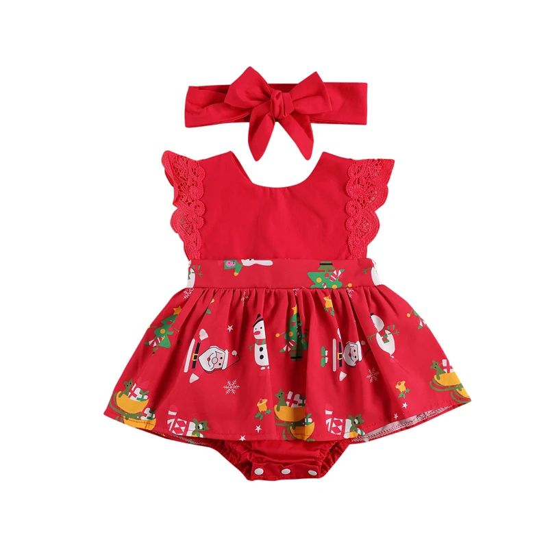 

Children's Two Piece Set Kid's Christmas Romper Skirt Toddler's Lace Shoulder Dress Hair Band for Baby 0-24 Months Baby Clothing