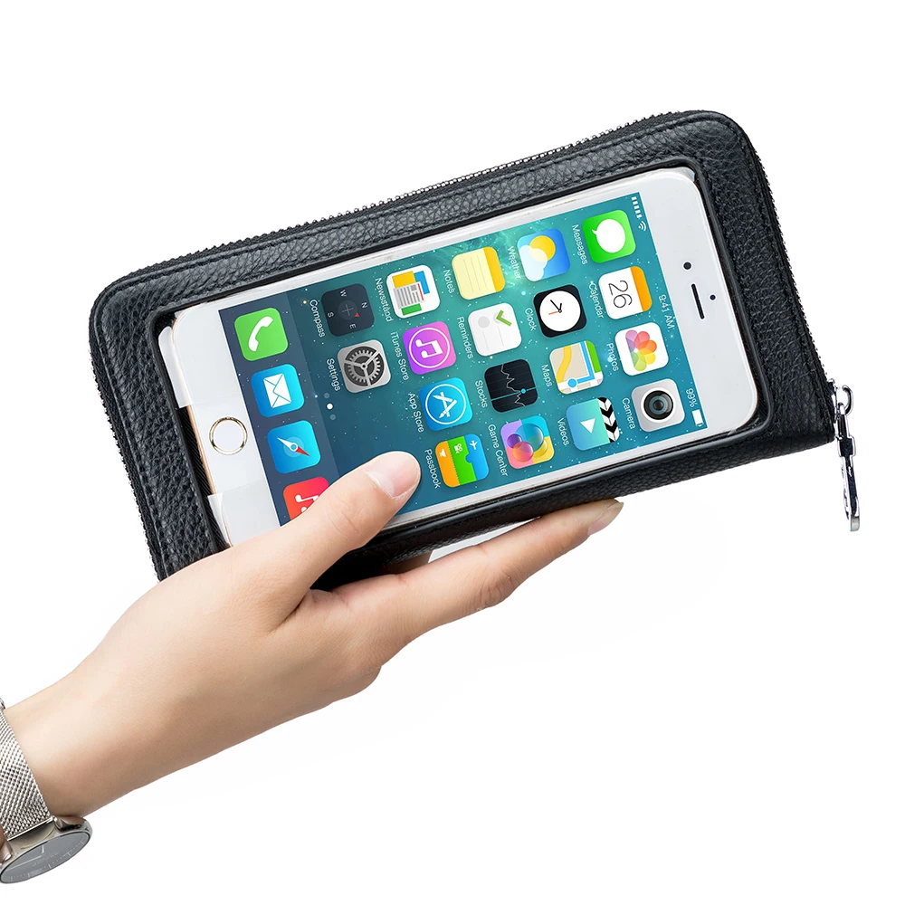 

Fashion Cow Genuine Leather Women RFID Mobile Cell Phone Bag With Clear Window Multi-Functional Shoulder Bags Purse Wallet Case