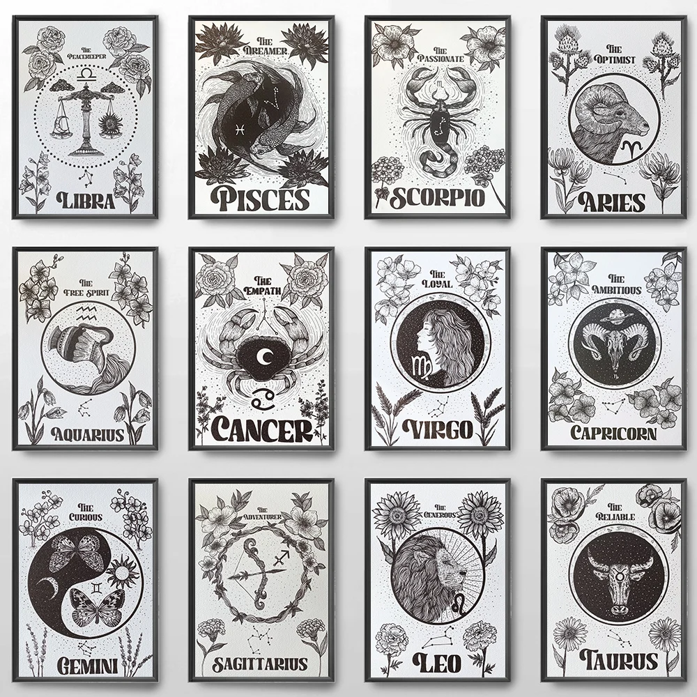 

Ретро-постер 12 созвездия зодиака астрологические знаки Картина на холсте настенный художественный постер печатные картины для домашнего д...