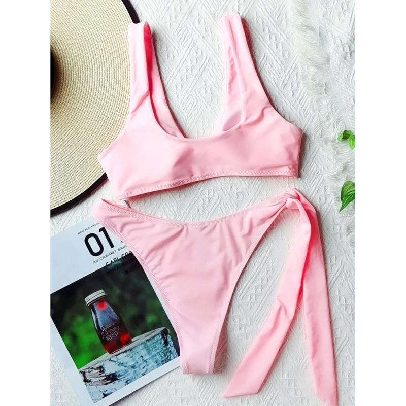 

Summer Beach Swimwear Lace up High Waist Low Cut Twist Ruched Sexy 2 Piece Brazilian Bikini Set Women Pink Bathing Suit