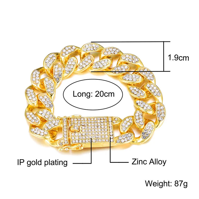 

US7 19MM Bling Heavy Miami Cuban Link Chain Bracelet Iced Out Full Rhinestone Gold Bracelets for Men Hip Hop Jewelry