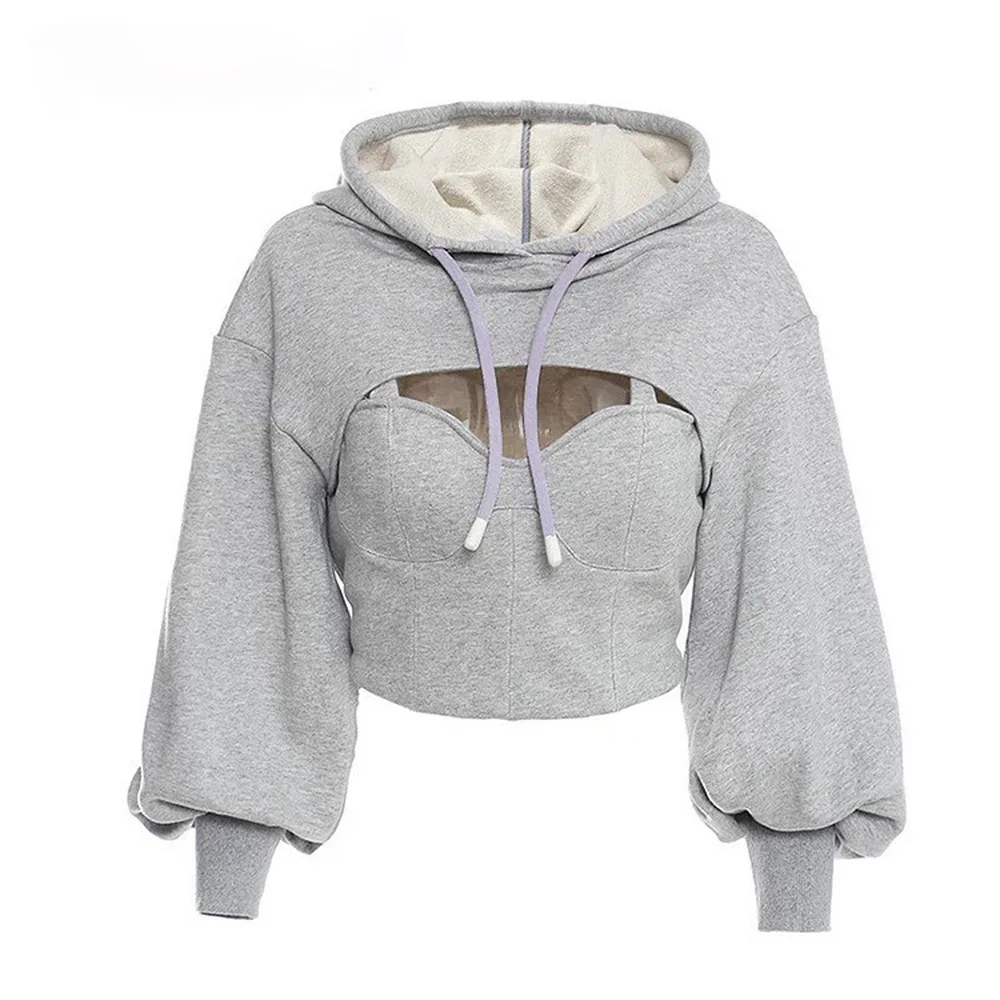 

2021 New Trendy Hollow Front Hooded Crop Top Autumn Winter Women Long Lantern Sleeve Bandage Hoodie Sweet Bandage Sweatshirts
