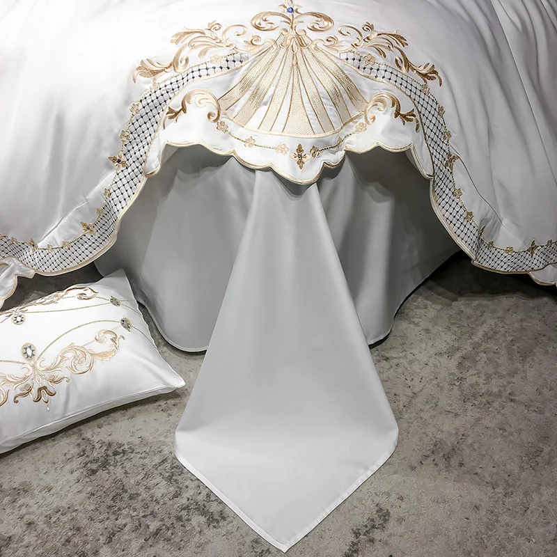 

New Luxury White 600TC Egyptian Cotton Royal Embroidery Palace Bedding Set Duvet Cover Bed sheet Bed Linen Pillowcases 4pcs