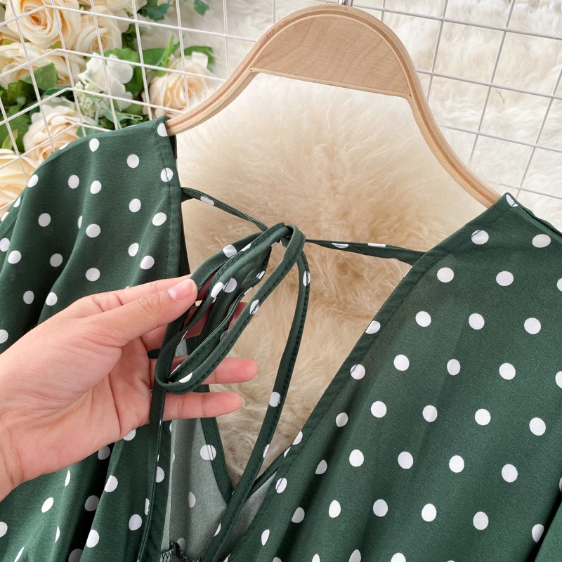 

2021 Summer Women Holiday Jumpsuit Chiffon Dot Party Lace Up Puff Sleeve Elastic Waist Slim Wide Leg Pants Beach Fashion Clothes