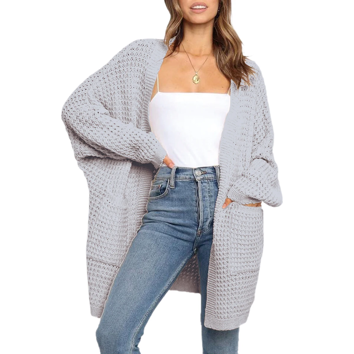 

Woman's Loose Oversize Sweater Cardigan, Solid Color Bat Sleeve Buttonless Thick All-match Long Knitting Outerwear with Pocke
