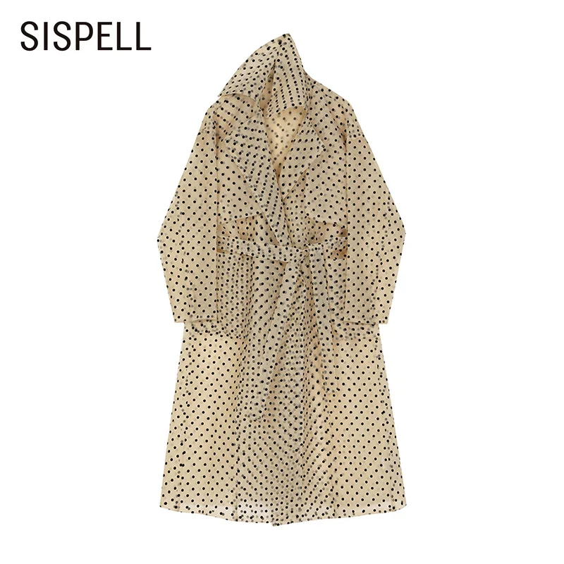 

SISPELL Print Dot Hit Color Coat For Female Lapel Collar Lace Up Bowknot Belt Loose Women's Casual Coat Fashion 2021