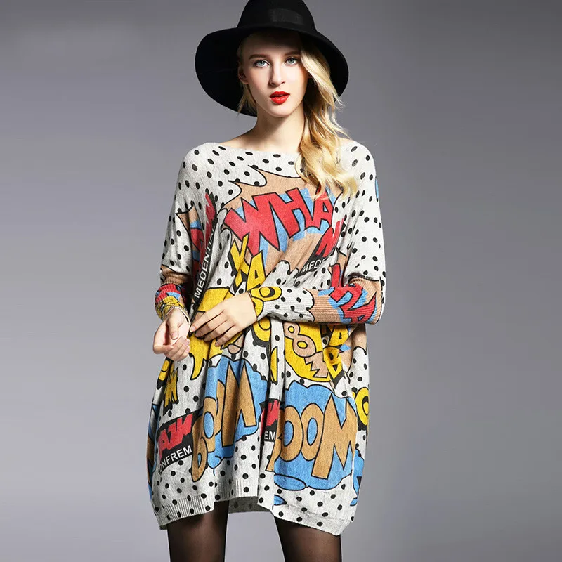 Негабаритный женский свитер пуловер Модный рукав летучая мышь точка печати
