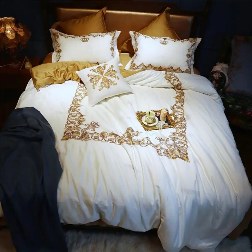 

Black White Duvet Cover Set with Golden Embroidery Soft Egyptian Cotton Bedding Set Queen King size Golden Fitted Bed sheets set
