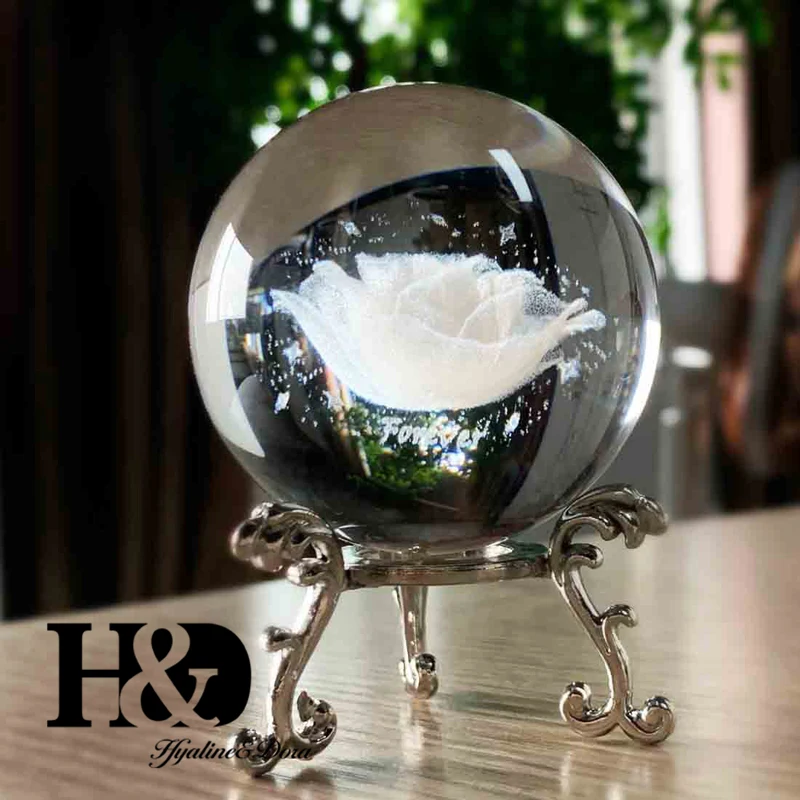 H&D 60 мм 3D шар лазерный хрустальный шар с гравировкой стекло художественное ремесло миниатюрная Сфера домашний Декор Аксессуары Рождественский подарок металлическая подставка
