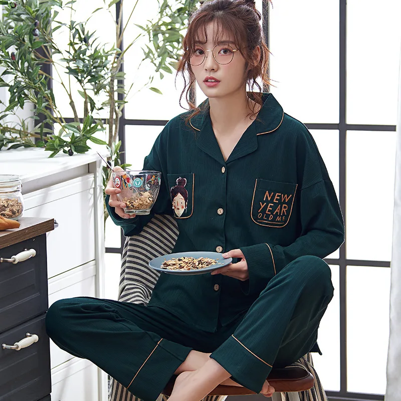 Cotton Womens Pajamas Set Cute For Women Two-piece Sexy Sleepwear Caton Stripe Pyjamas Spring And Autumn | Женская одежда