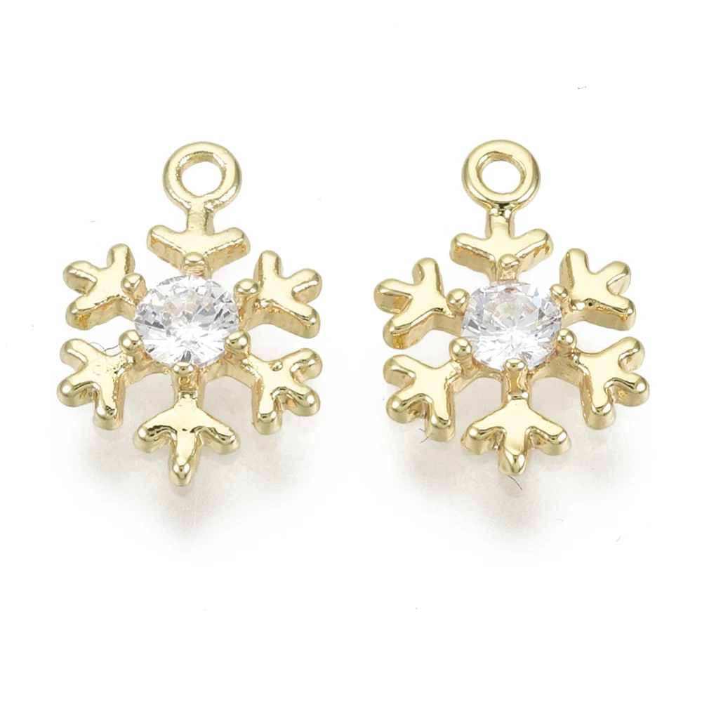 

5PCS Brass Micro Pave Clear Cubic Zirconia Charms for Christmas Nickel Free Snowflake Real 18K Gold 12x8x2mm Hole: 1.2mm