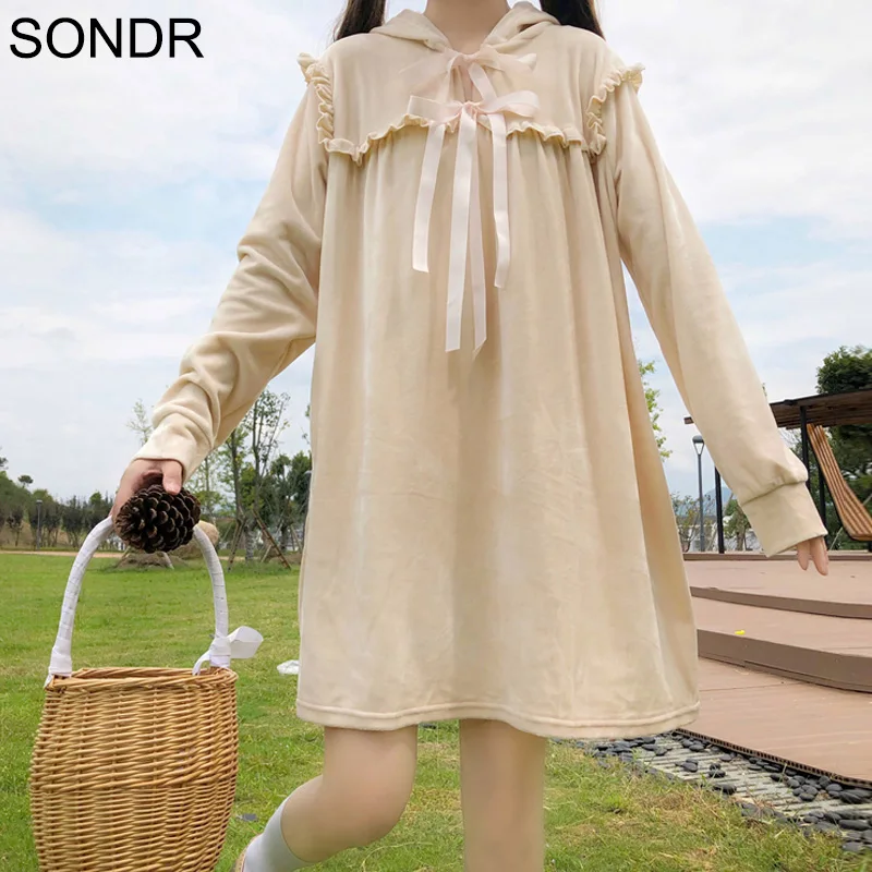 

Осень-зима женское платье Бант в стиле преппи с рюшами и длинными рукавами норки флисовый плащ с капюшоном, свитер, платье, милый девчачий св...