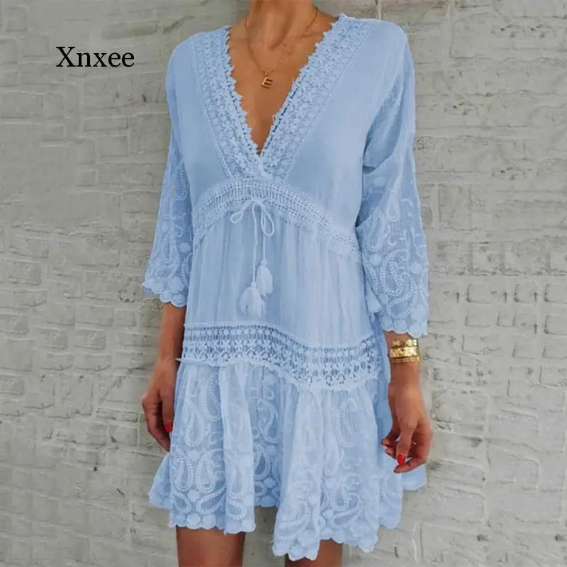 Lace V Neck Patchwork Summer Dress Women Three Quarter Sleeve Tassel Party Elegant Floral Print Hollow Out white tassel | Женская одежда