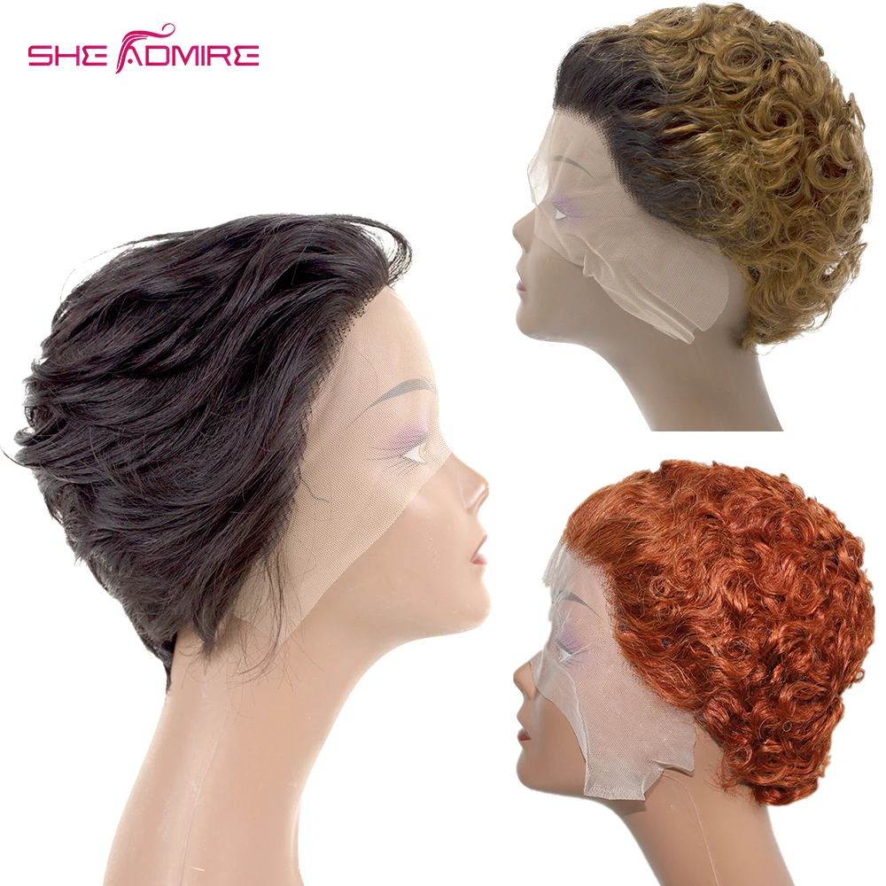 Pixie Cut Short Curly Human Hair Wig Lace Front Wig For Black Women She Admire T-Part Transparent Cheap Straight Ombre Color Wig