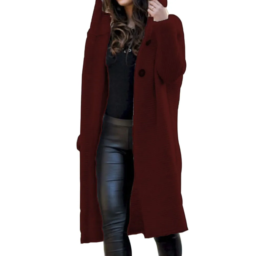 deep red Женские толстовки с капюшоном, вязаный свитер для женщин на осень и зиму, однотонный кардиган, вязаные свитера, длинные женские пальто, женская одежда - Цвет: deep red