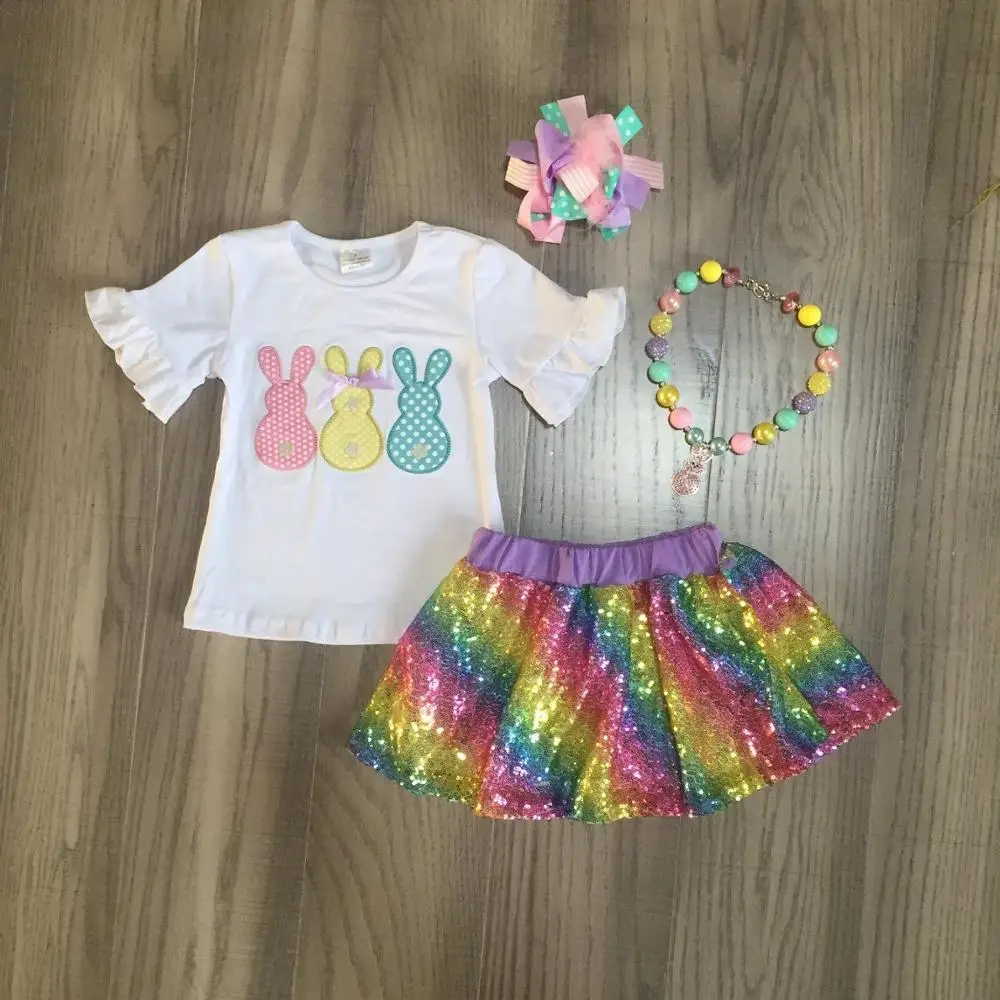 

baby girls Easter outfits girls 3 colors bunny shirt with rainbow sequins dress girls cute outfit with accessories