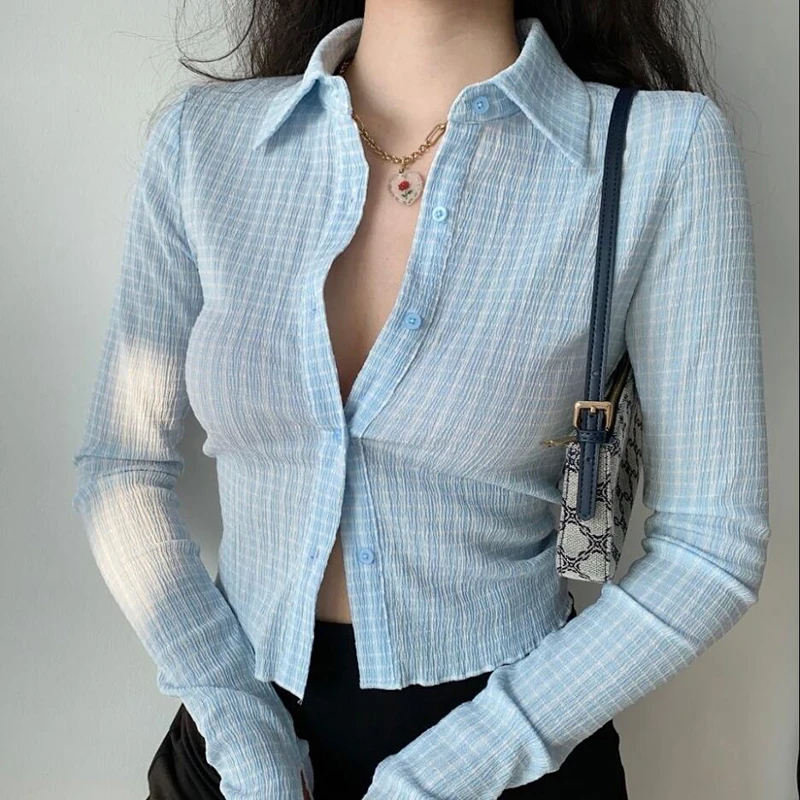 

Blusas 2021 Spring and Autumn Retro Lapel Long Sleeve Plaid Flared Sleeve Shirt Cardigan Women Short Slim Shirt Aesthetic Egirl