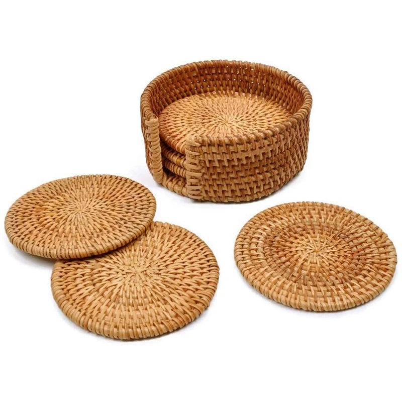 

Set Of 6 Rattan Weave Cup Mat Handmade Rattan Coasters For Drinks Home Decoration Holder For Kitchen Table Drinks