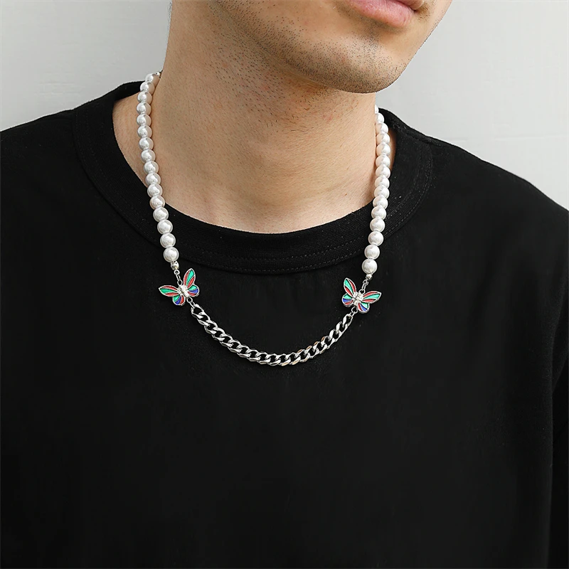 

Exquisite Hip-Hop Style Pearl Necklace Colorful Butterfly Men's Necklace Stitching Ladies Clavicle Chain Men's Women's Jewelry