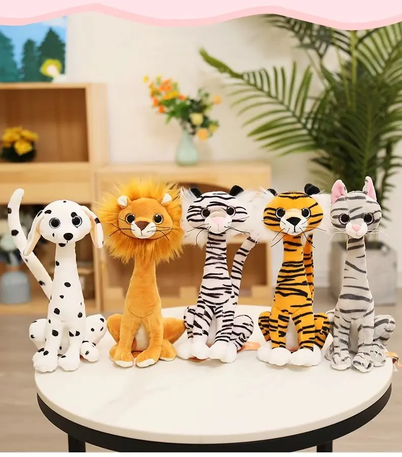 New Arrival Funny Plush Tiger Lion Dog Cat Dolls Soft Stuffed Long Neck Dalmatian Simulation Toys Kids Gift |