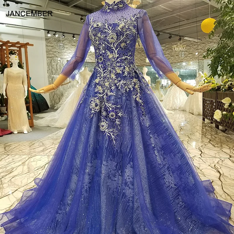 LS921450 дешевые синие платья для матери невесты с высоким воротом женщин