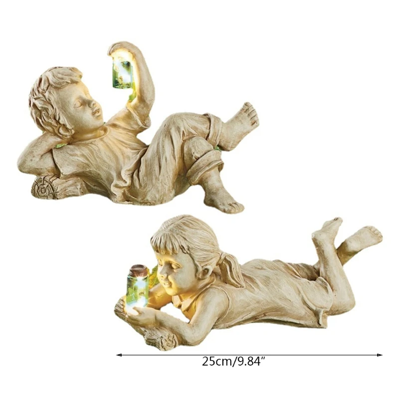 

Solar Fireflies Kids Statue Garden Ornament Lighted Firefly Jar Boy/Girl Sculpture Cute Cartoon Decoration Gardening Outdoor Dec