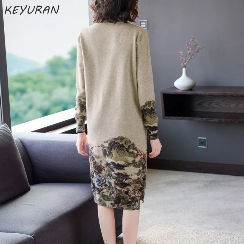2019 осень зима новый корейский Печатный женский длинный свитер платье свободный
