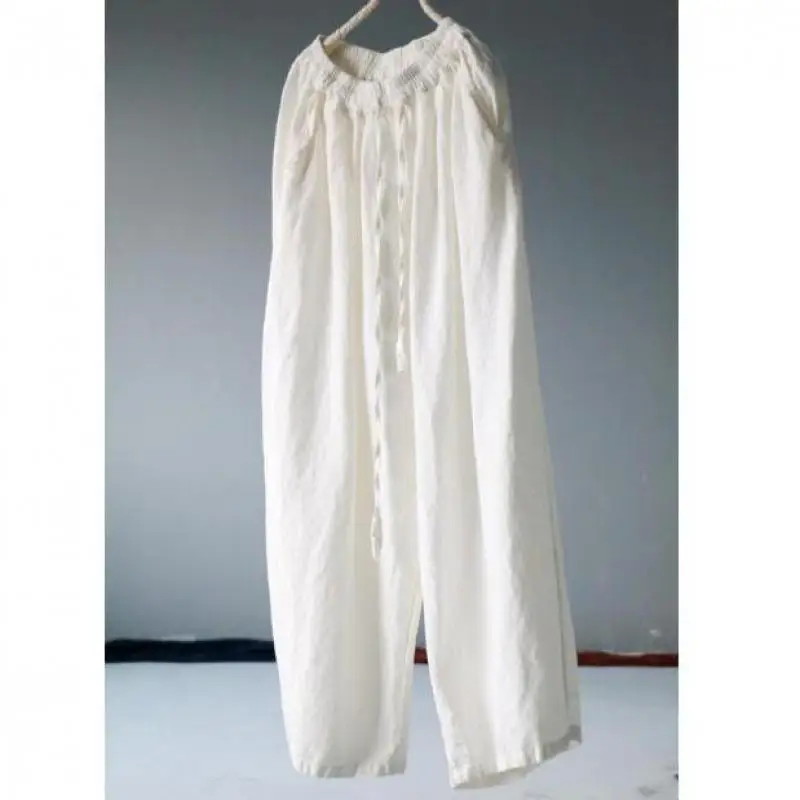 Free Shipping Summer Retro High Waist Pants Art Solid Color Elastic Waist Solid Color Pockets Comfort Plus Size Daddy Pants