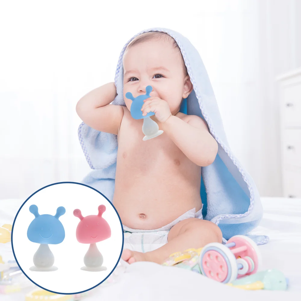 

2pcs Sore Relief Chew Lovely Mushroom Teether for Teething Baby (Pink, Blue)