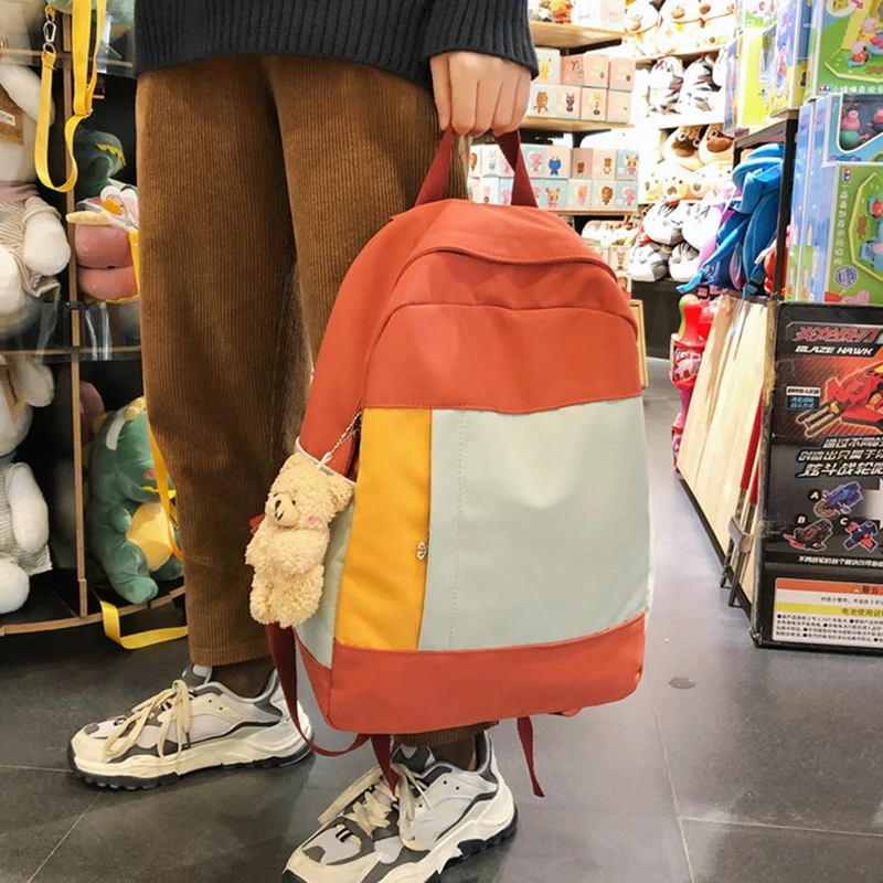 

Contrast Stitching Canvas Women's Backpack Fashion Youth Student School Bag 15.6-Inch Laptop Bag Travel Bag