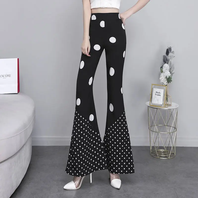 

2021 Summer Women's Stretch Flare Pants Trousers Ladies Slim Dot Leggings High Waist Fashion Women Casual Bell Bottom