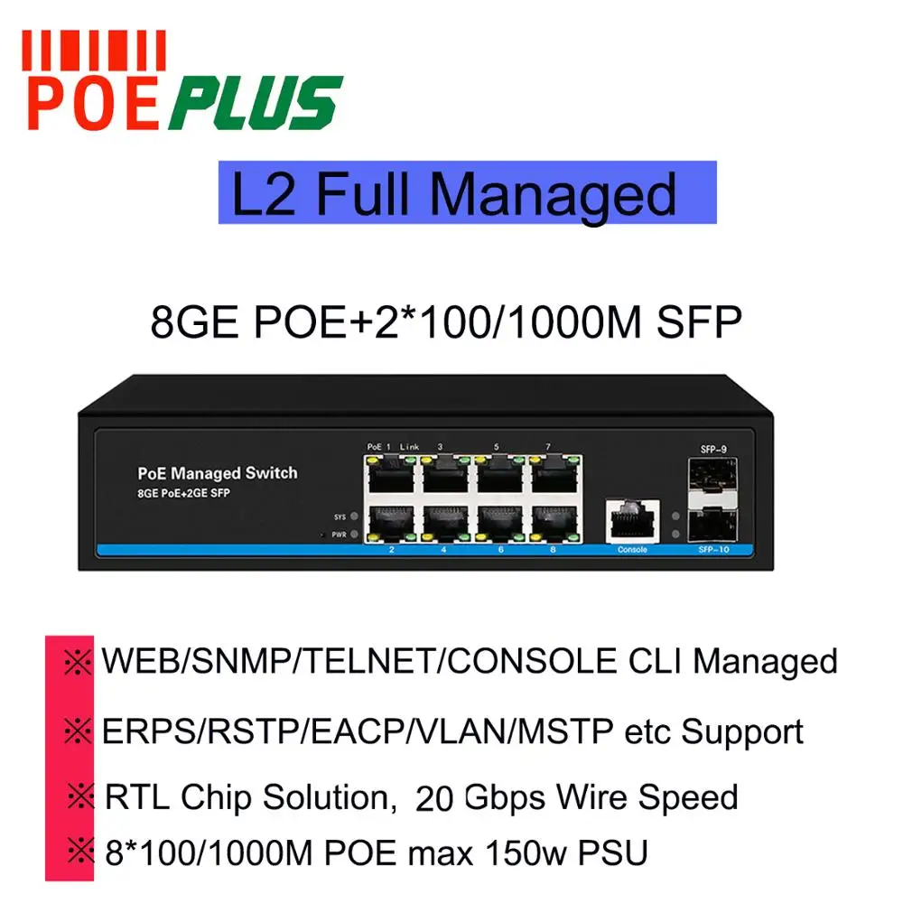 L2 управляемый коммутатор POE switch 8 портов с 2 порта 100/1000 м для программирования в