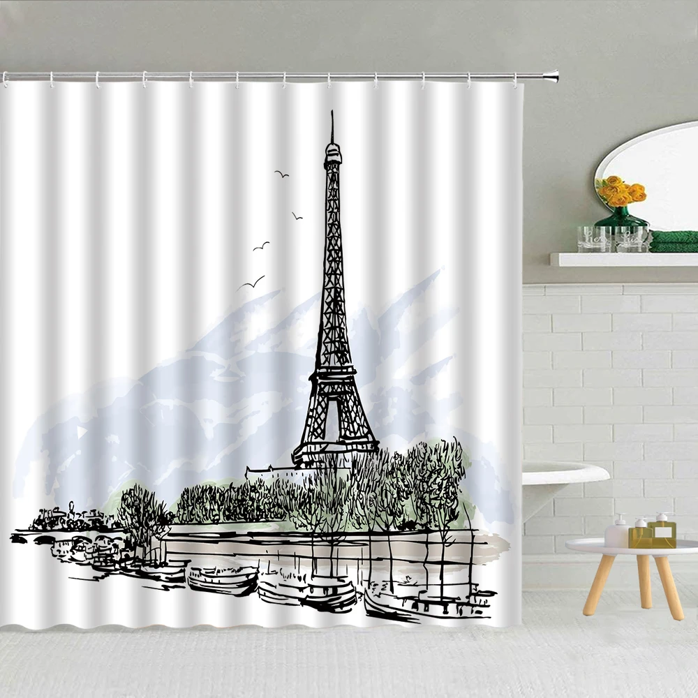 

Paris Tower Hand Painted Shower Curtain Urban Architecture Simplicity Bathroom Art Decor Waterproof Fabric Hooks Curtains Set