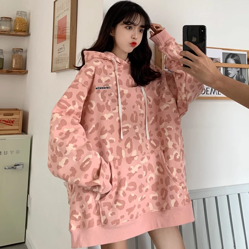 

Leopard print sweater women's autumn and winter Pullover loose Korean Sweater Hoodie Plush thickened jacket