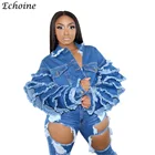 Пикантная джинсовая куртка с рюшами, женский укороченный Топ с длинным рукавом, женская модная стеганая одежда с карманами на пуговицах, зима-весна, одежда для вечеринок