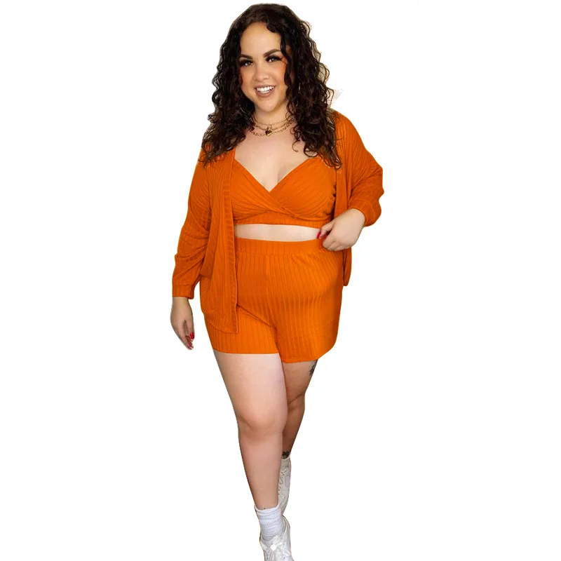 

High Strency Sexy Three-piece Plus Size Women's Clothing Long Sleeves Shorts Sets for Woman Casual Street Wear Dropshipping