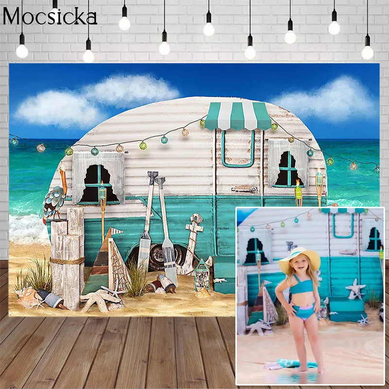 Summer Sandy Beach Backdrop Sea Blue Sky Wooden Door Light Prop Child Birthday Holiday Party Photography background Photo Studio