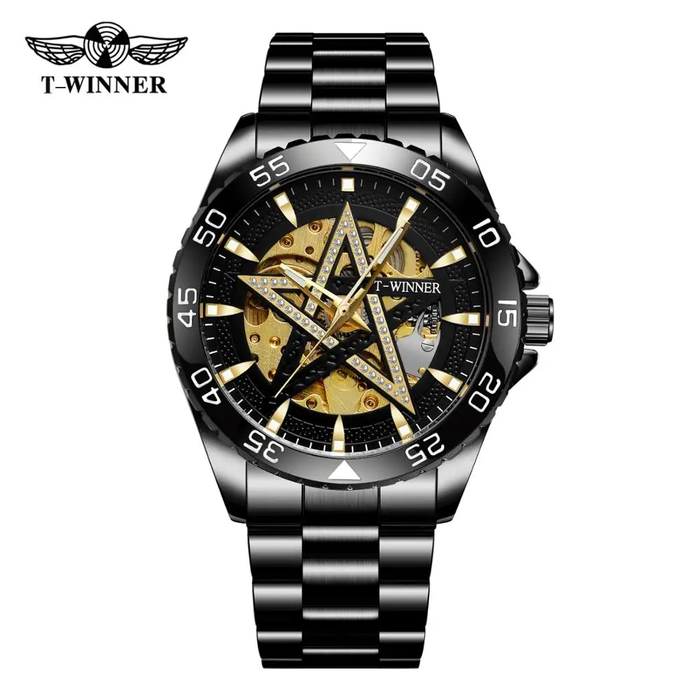 

Original Watch T-Winner Brand Men Wrist Self-winding Star Skeleton Analogue Luxury with Stainless Steel Bracelet Mechanical