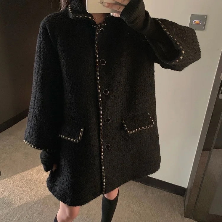 

Small Sweater Coat Female 2021 Autumn Winter Thickened Black Temperament Medium Long Woolen Coat C728a