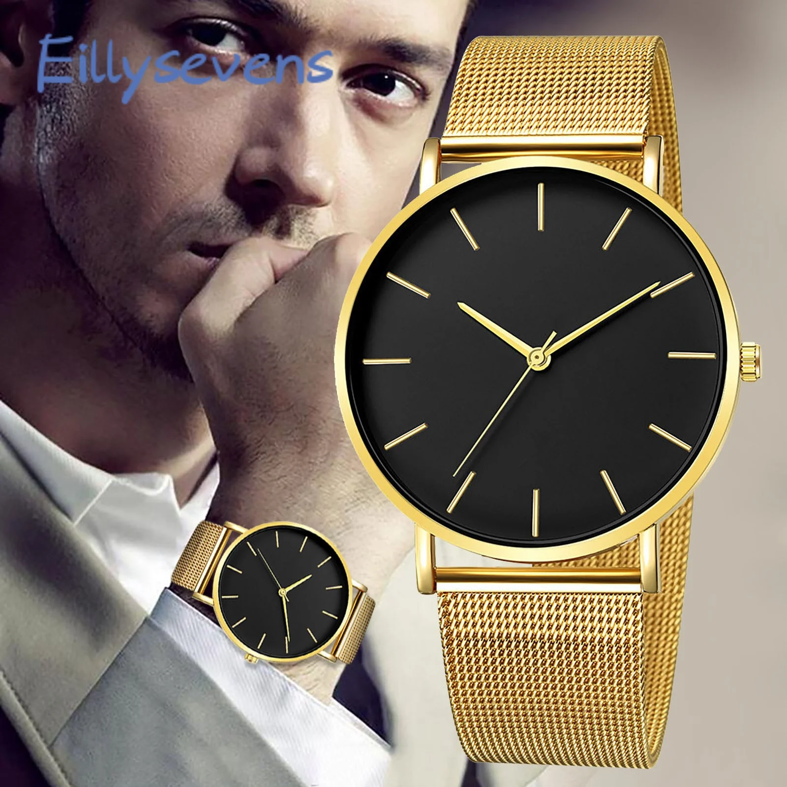 

Men's Stainless Steel Mesh Quartz Watch Men Round Watches 2021 Luxury Automatic Digital Watch For Men Waterproof Saat Erkek
