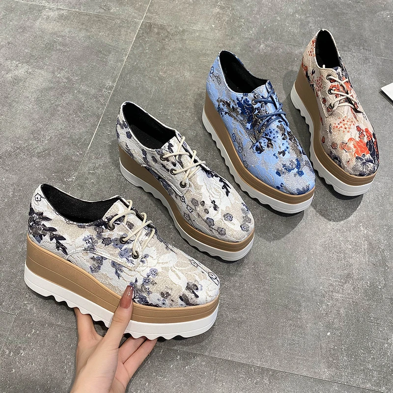 

XIYIPIN Fashion Print Flower Canvas Women Heighten Shoes 7CM Heels Lace-up Flat Platform Wedges Woman Flats Trend Brand Shoes
