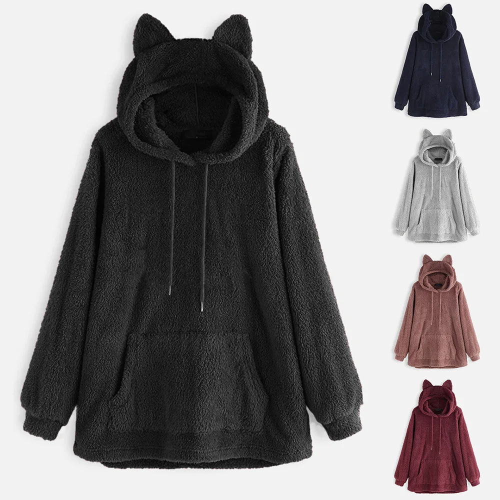 

Fannic 2020 Autumn and Winter Double-Sided Plush Cat ears Hooded Women Loose Solid Color Hooded Long-Sleeved Hoodie Women